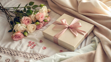 Elegant gift box with pink roses on soft fabric.