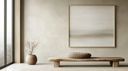 Simple interior design featuring a wooden table and minimal decor in a modern setting
