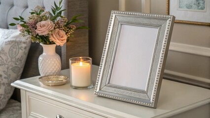 Silver picture frame standing on white nightstand with lit candle and pink roses in vase creating cozy and inviting atmosphere in elegant bedroom