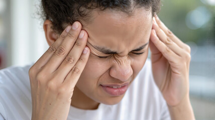Fototapeta premium Woman experiencing intense headache holding her temples