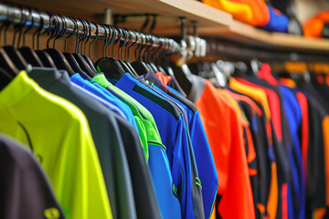 Fototapeta premium Colorful sports jerseys neatly hanging in vibrant apparel store