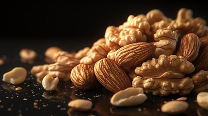 Fototapeta premium A handful of fresh walnuts and almonds, their natural texture highlighted against a sleek black background, Generative AI