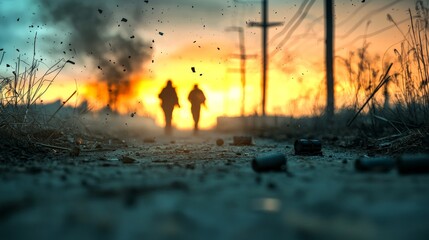 Fototapeta premium nuclear war world concept. Silhouettes walking towards a fiery horizon