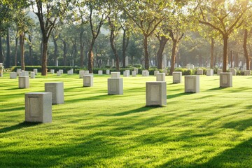 Minimalistic tranquil cemetery landscape with sunlit trees and well-kept greenery