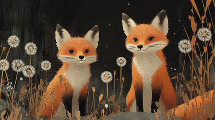 Obraz premium Two playful foxes in dandelion meadow, surrounded by nature beauty