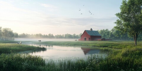 Obraz premium Serene Morning at a Tranquil Farm with Red Barn, Misty Pond, and Gentle Livestock Surrounded by Lush Green Pasture and Clear Blue Sky