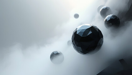flying spheres in white foggy space