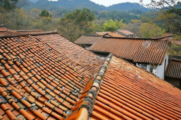 Naklejka premium Minimalistic design of traditional tiled rooftops in scenic landscape for architectural inspiration