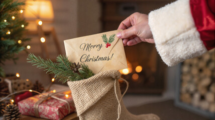 Santa inserting card into holiday stocking