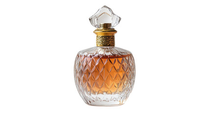 A stunning crystal bottle stands gracefully, showcasing warm amber liquid within its intricate design. The soft lighting highlights the elegance and depth, inviting admiration