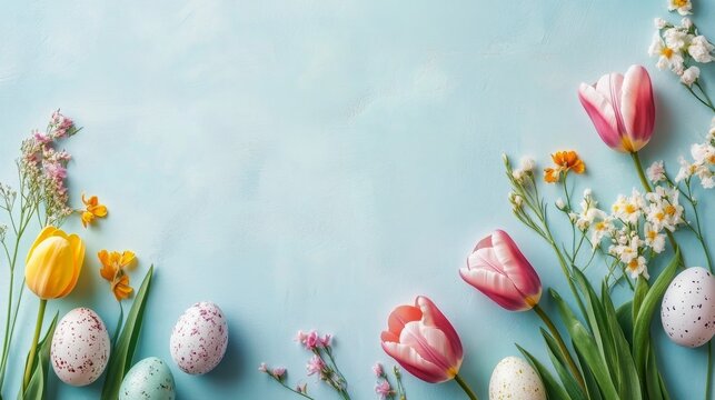 Spring celebration preparations with eggs, flowers, and decorative items on a blue background