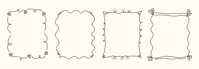 Hand Drawn frame set with doodle bows, ribbons. Whimsical line borders for birthday, christmas, wedding Invitations. Coquette bow set. Vintage minimalist elements in trendy line art style. Vector illu