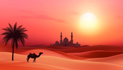 Desert with Palm Trees, Arabian Camel Silhouette, and Mosque at Sunset