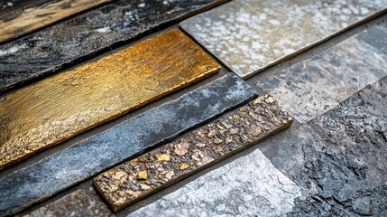 Close-up of various metallic and stone textured tiles. Ideal for interior design, architecture, and material texture websites.