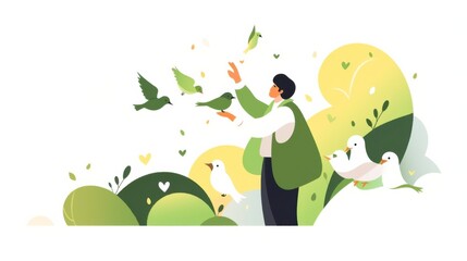 Naklejka premium A person feeding birds in a park
