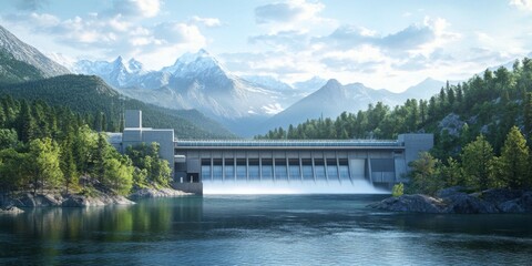 Scenic Power Dam Surrounded by Lush Forests and Majestic Mountains with Clear Sky Reflecting on Calm Water in a Peaceful Natural Landscape
