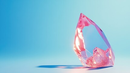 Fototapeta premium A sparkling pink crystal on a soft blue background, showcasing its reflective surfaces.