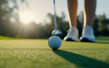 Golf player prepares to putt towards the hole during a sunset