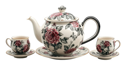 Brightly adorned with roses, the porcelain tea set sits gracefully on a table, ready for a serene afternoon. Two cups and a teapot beckon tea lovers for gentle conversations