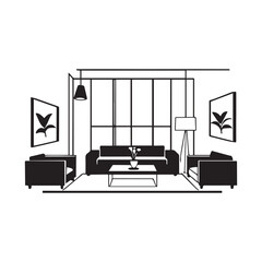 minimalist living room interior in black and white line art