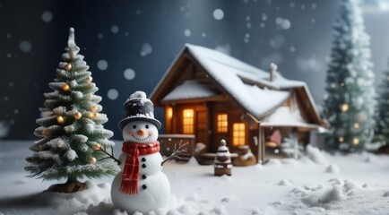 Obraz premium Snowman on the snowy winter background.