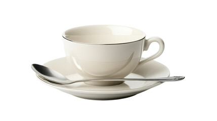 Obraz premium A delicate white china cup sits atop a matching saucer, accompanied by a silver spoon. The minimalist design highlights elegance and tranquility. Ideal for afternoon tea