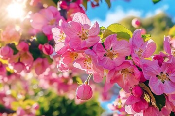 Blushing Blooms Macro View of Delicate Pink Blossoms on Branch, Tranquil Springtime Scene with Soft Backlight, Ideal for Nature-themed Designs and Spring Promotions