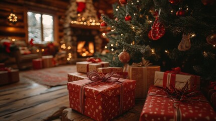 Cozy Christmas Scene with Decorated Tree, Wrapped Gifts, and Warm Cabin Lighting. Festive Atmosphere with Intricate Details of Gift Boxes and Twinkling Lights.
