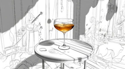 Obraz premium Golden cocktail resting on table in busy jazz club setting