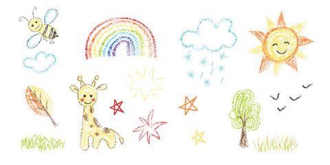 Kid doodle crayon or chalk hand scribble drawings set. Naive and cute kindergarten hand drawn doodles with crayon pencil simple pictures, animal and flowers clipart child school color abstract sketch.