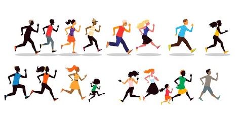 A set of pictograms depicting diverse human figures in different poses, colorful, sports