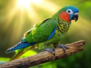 Obraz premium Majestic Parrot Perched in Dreamy Forest Vibrant Close-Up of Colorful Tropical Bird on Branch, Sunlit Jungle Setting for Nature, Wildlife Themes
