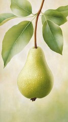 Ripe pear hanging on branch among green leaves in a serene natural environment
