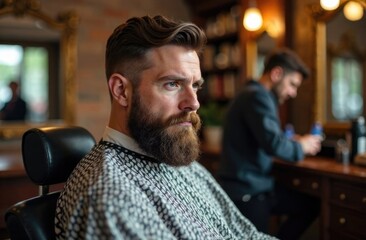 Obraz premium Barber shop, a charismatic man with a beard in an armchair.free space for text