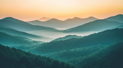 Serene Misty Mountains at Sunrise Golden Hour