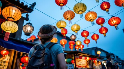 Obraz premium A woman with a backpack explores a street in Hoi An, Vietnam, selecting colorful lanterns, choice, Vietnam