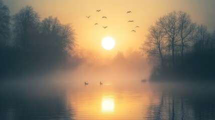 Fototapeta premium Serene Sunrise Over Misty Lake With Birds And Ducks