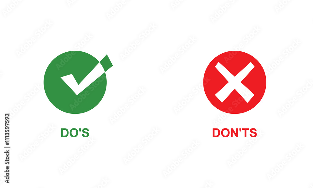 Wall mural do's and don'ts icon. to do and not to do symbol for guidelines and rules list. isolated on white ba