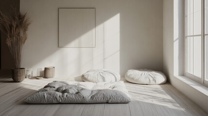 Minimalist Room Design Featuring Floor Cushions and Pampas Grass