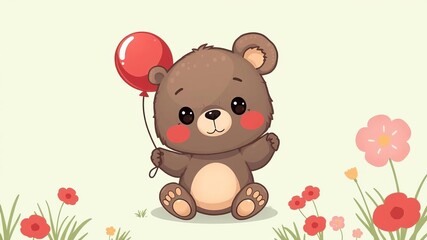 Naklejka premium Adorable baby bear holding red balloon in vector illustration, character, baby