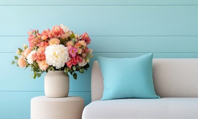 Comfortable living room setup with colorful flower arrangement and soft cushions