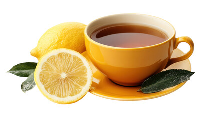 A vibrant yellow cup filled with steaming herbal tea sits beside a ripe lemon, showcasing a perfect blend of comfort and refreshment in a cozy atmosphere