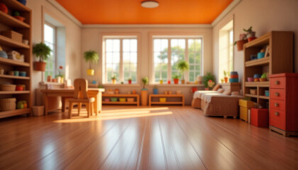 An empty wooden floor against a fuzzy background of a orange kindergarten or child's room. An empty wooden table. Wood desck. Blurred background. Orange children's room with large window. Bg colorful