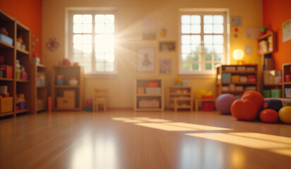 An empty wooden floor against a fuzzy background of a orange kindergarten or child's room. An empty wooden table. Wood desck. Blurred background. Orange children's room with large window. Bg colorful