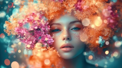Woman's face surrounded by colorful flowers and bokeh lights.