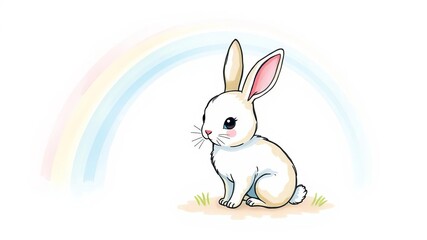 Obraz premium Adorable bunny on rainbow watercolor background illustration, art, background
