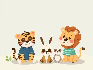Fototapeta premium Adorable cartoon animal faces including koala, lion, dog, bunny, bear, panda, tiger, and cat, perfect for baby cards, posters, nursery decor, apparel, and invitations, animals, bear