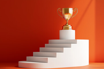 Golden Trophy on White Podium Against a Vivid Orange Background