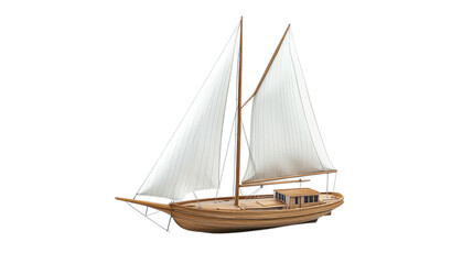 Obraz premium Delicate wooden sailboat rests gracefully, its sails catching the breeze. Crafted with exquisite detail, this model represents the artistry of maritime craftsmanship and sailing tradition