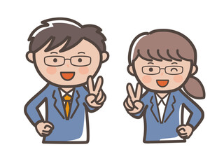 笑顔でピースをするメガネ男子とメガネ女子のビジネスマンのイラスト
